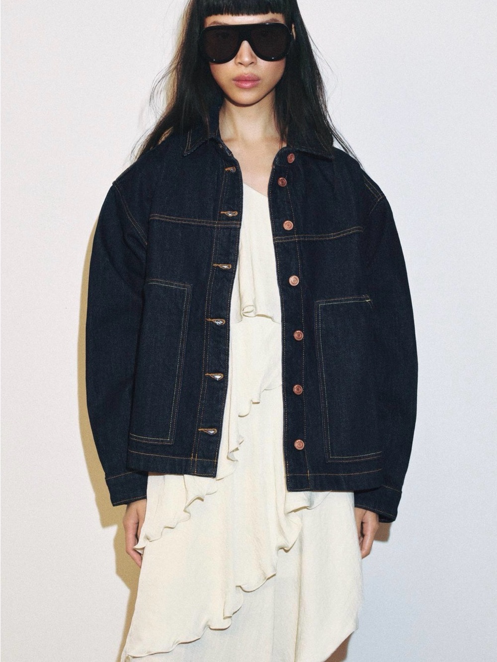 Zara Dark Blue Denim Jacket with Contrast Stitching